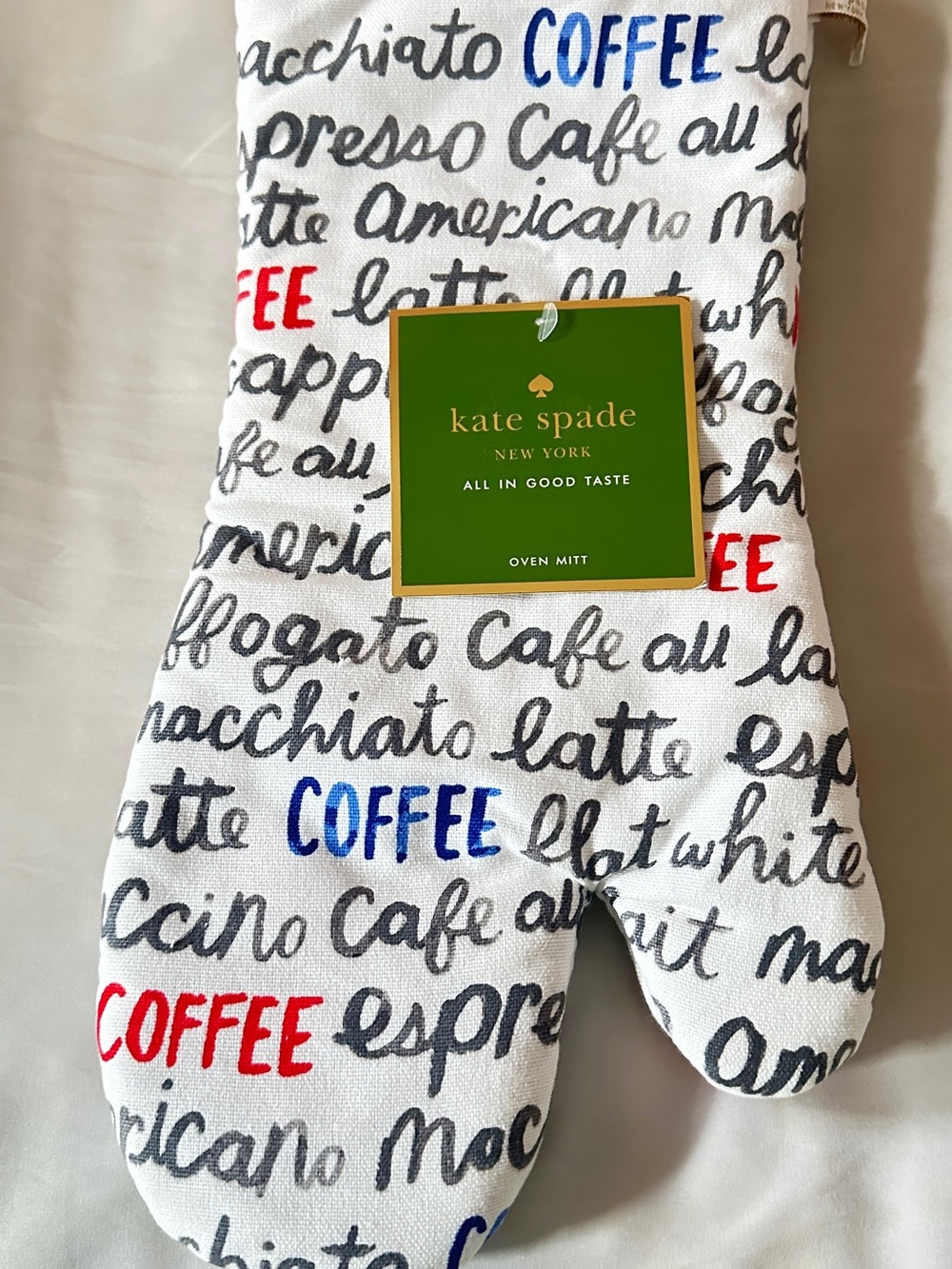 kate spade White Coffee Script Oven Mitt with Blue and Red Accents